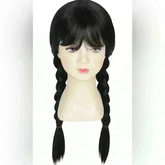 Halloween/ Cosplay Straight Black Braided Wig with Bangs - Picture 3 of 5